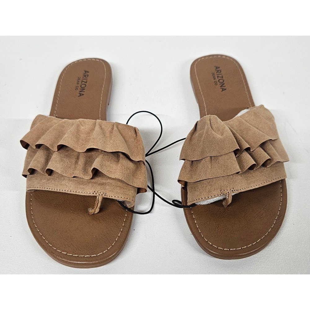 Arizona Jean Co Georgetown Tan Ruffle Slide Sandals Womens 9 Flat Slip On Summer